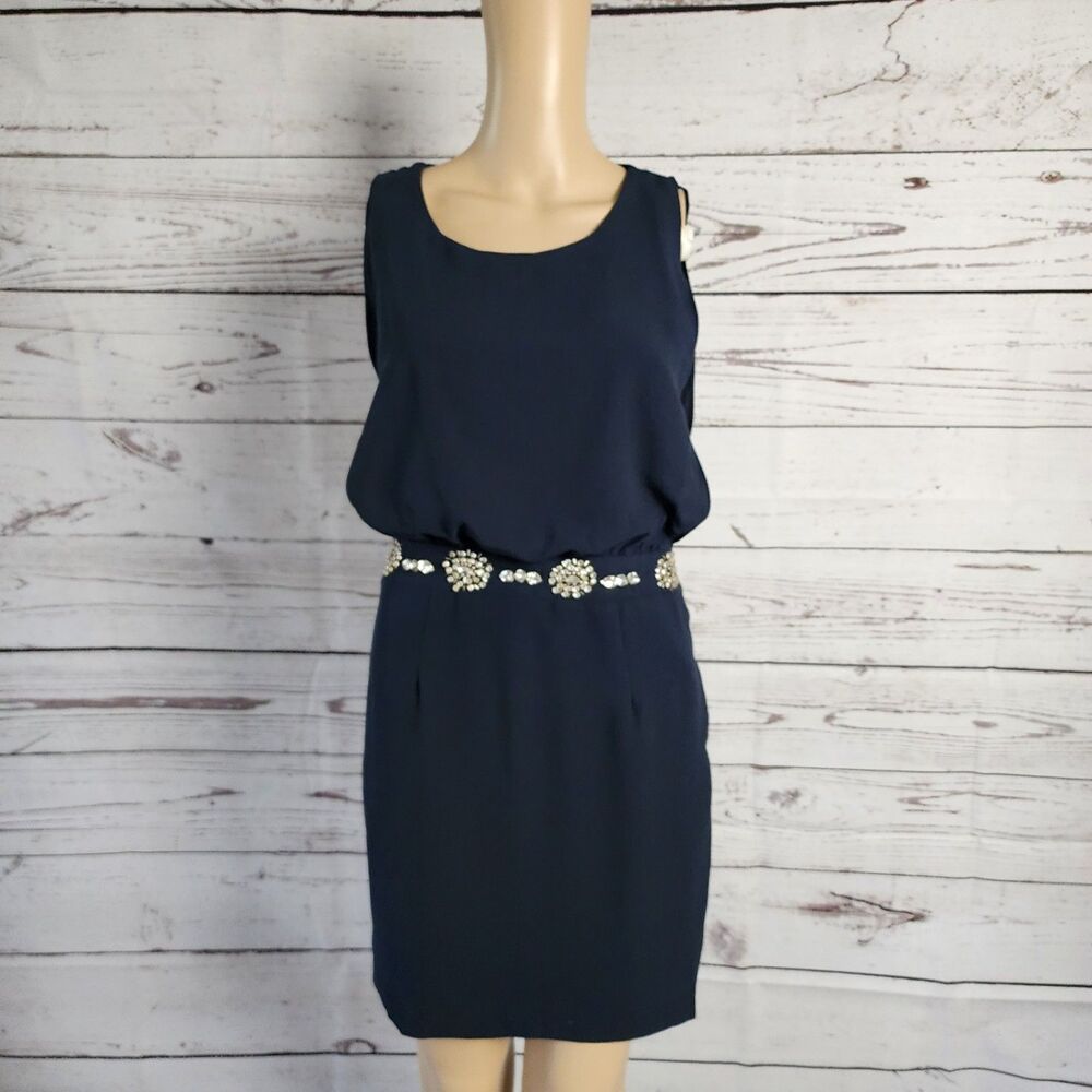 C. Luce Navy Blue Jeweled Waist Cocktail Dress Sheath Sleeveless - Small NWT